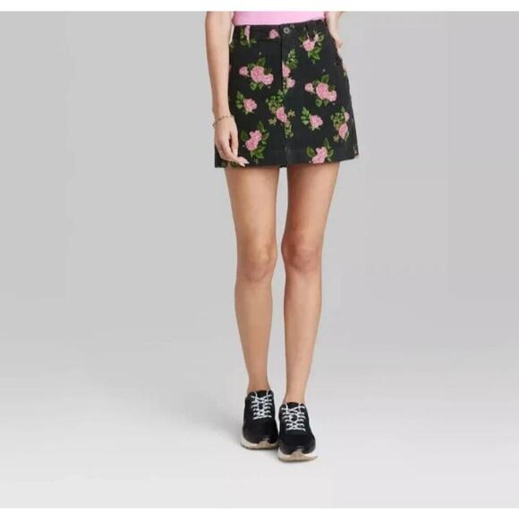 Wild Fable Dresses & Skirts - Wild Fable Womens 16W Black Floral Pink Rose Corduroy Mini Skirt 100% Cotton NEW